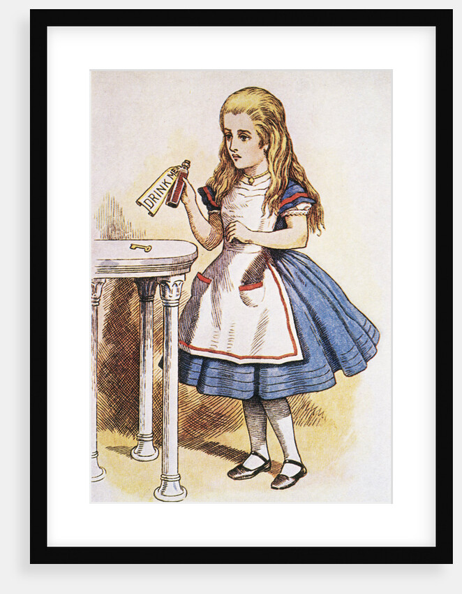 Book Illustration of Alice Holding the Bottle Labelled "Drink Me" by John Tenniel