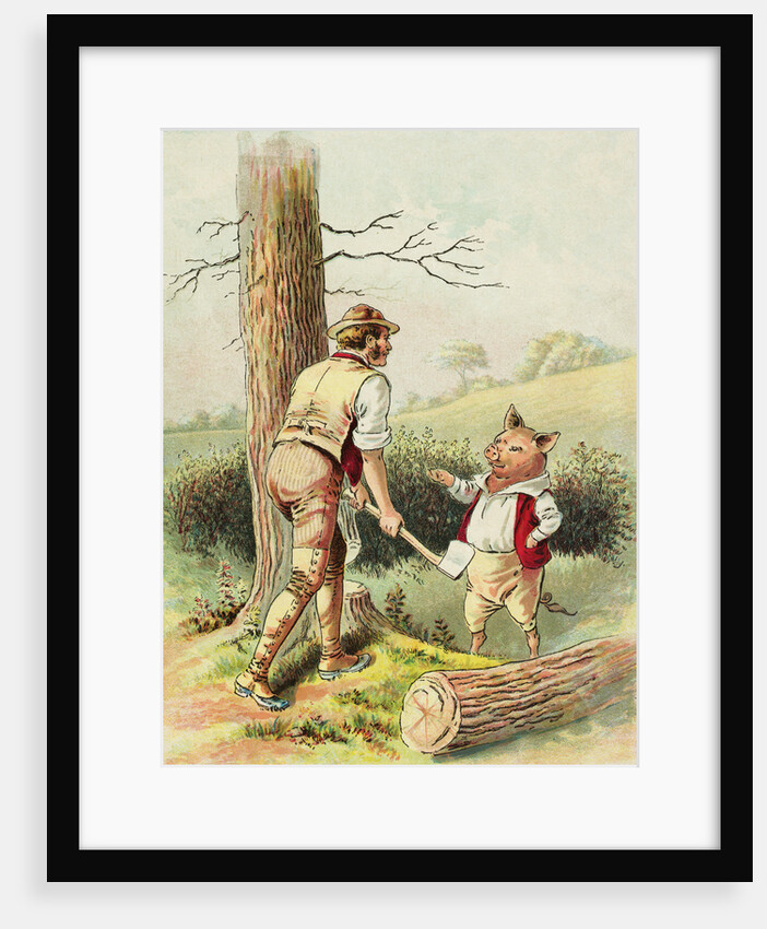 Illustration of One of the Three Little Pigs with a Woodcutter by Blanche Fisher Wright
