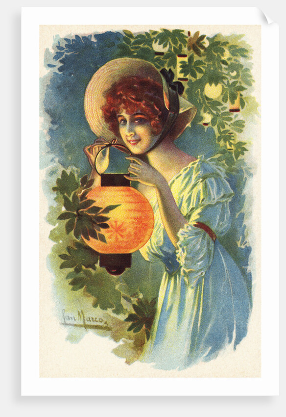 Postcard of a Woman with a Paper Lantern by Anonymous