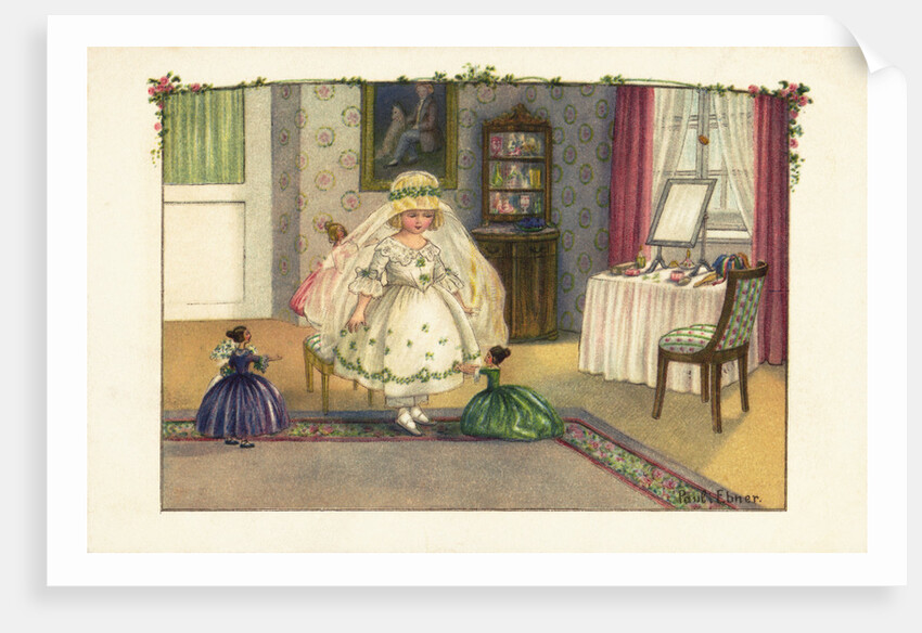 Postcard of a Little Girl Playing with Dolls by Pauli Ebner