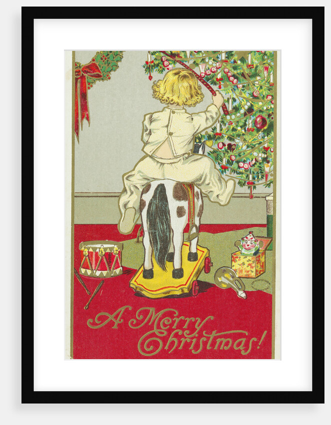 A Merry Christmas! Postcard of a Child on a Rocking Horse by Anonymous