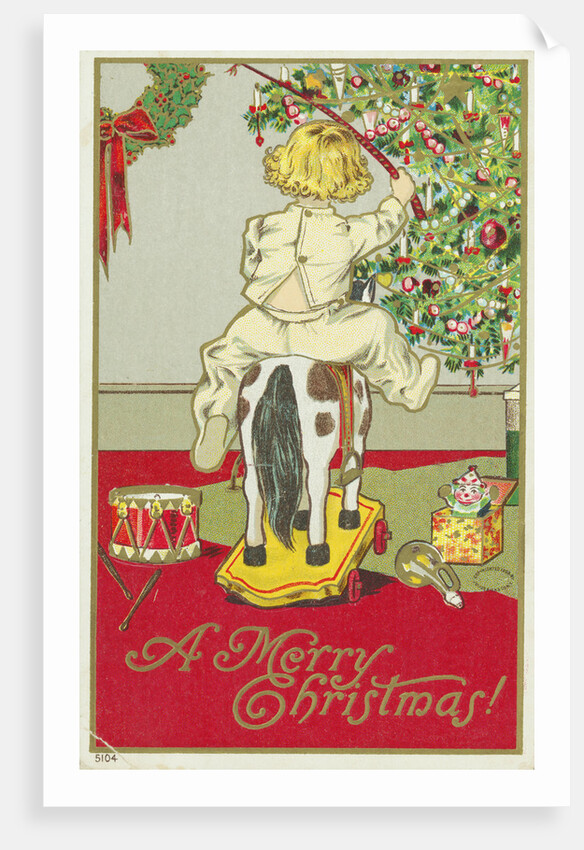 A Merry Christmas! Postcard of a Child on a Rocking Horse by Anonymous
