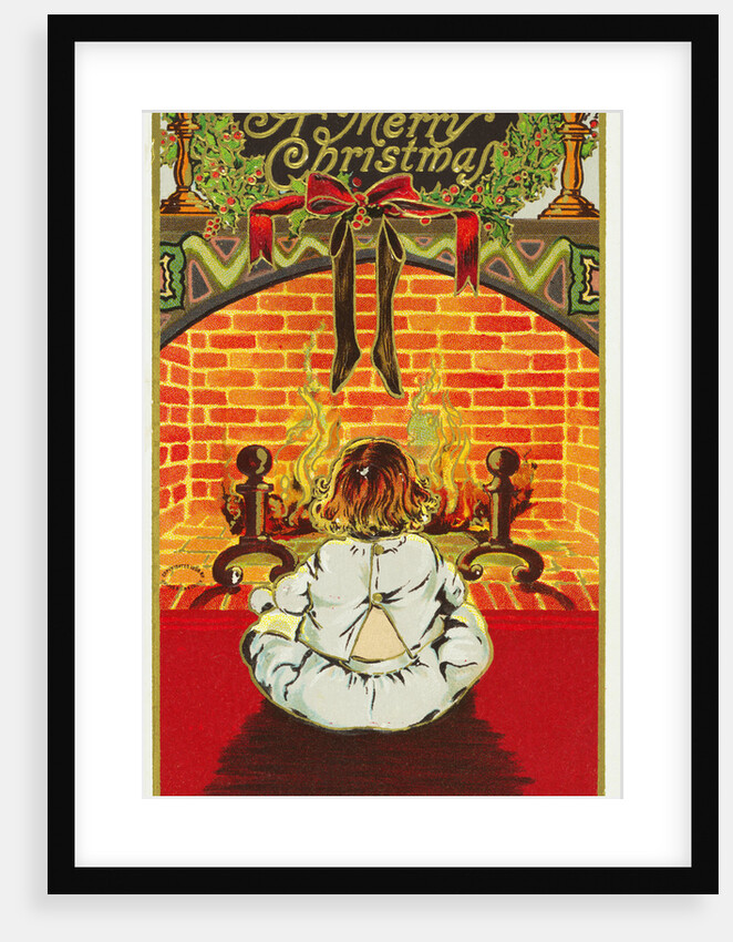 A Merry Christmas! Postcard of a Child Sitting in Front of a Fire by Anonymous