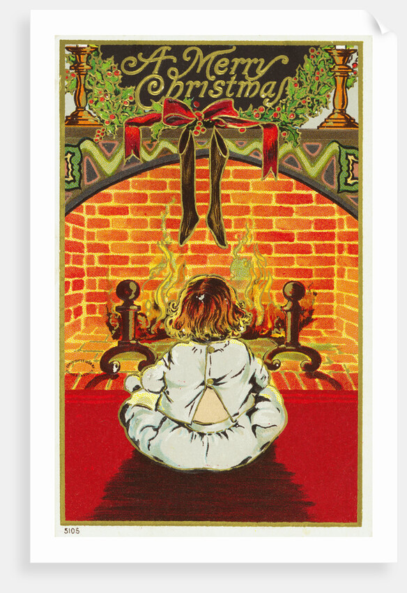 A Merry Christmas! Postcard of a Child Sitting in Front of a Fire by Anonymous