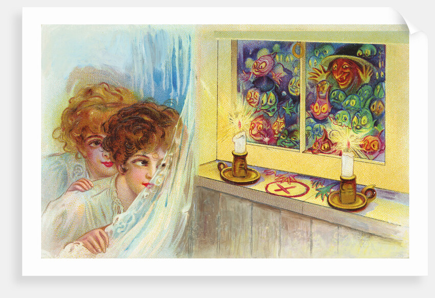 Postcard of Two Children Watching Goblins and a Witch by Anonymous