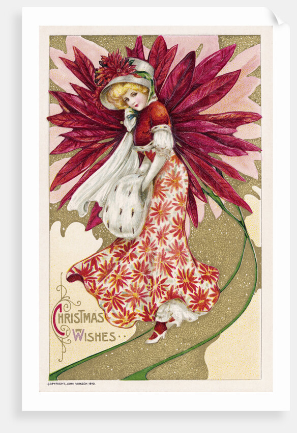 Christmas Wishes Postcard of a Woman and a Poinsettia by Anonymous