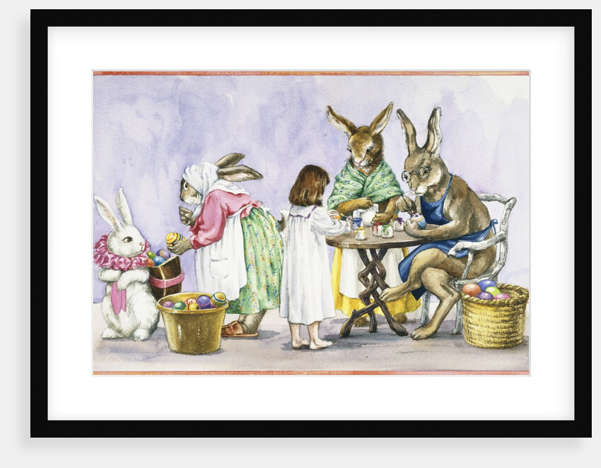Illustration of a Girl Decorating Eggs with Giant Rabbit Family by Alexandra Day