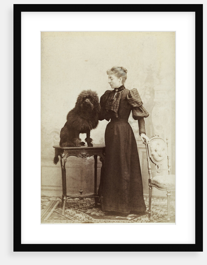 Albumen Print Card Showing Woman with a Black Miniature Poodle by Anonymous