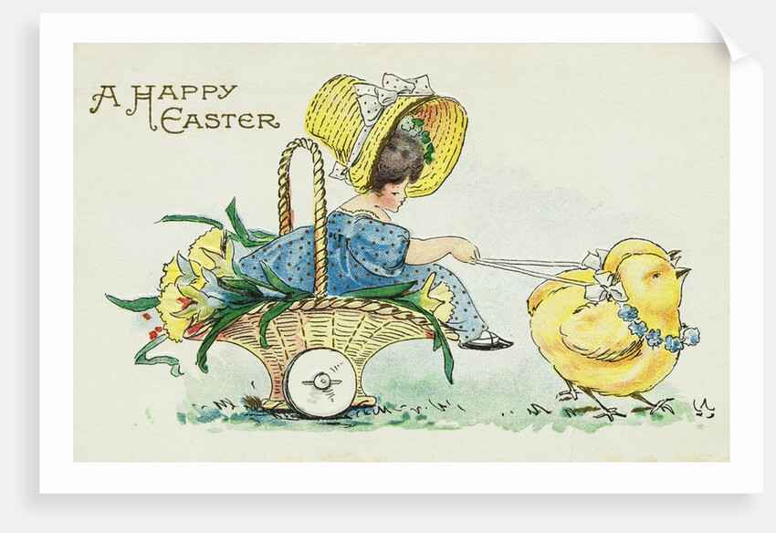 A Happy Easter Postcard with Two Chicks Pulling a Girl in a Basket by Anonymous