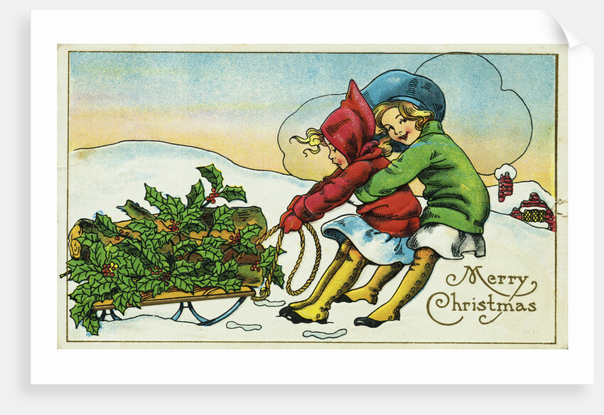Merry Christmas Postcard with Two Girls Pulling a Sled by Anonymous