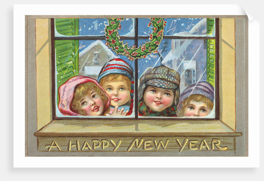 A Happy New Year Postcard of Children Peeking Through a Window by Anonymous