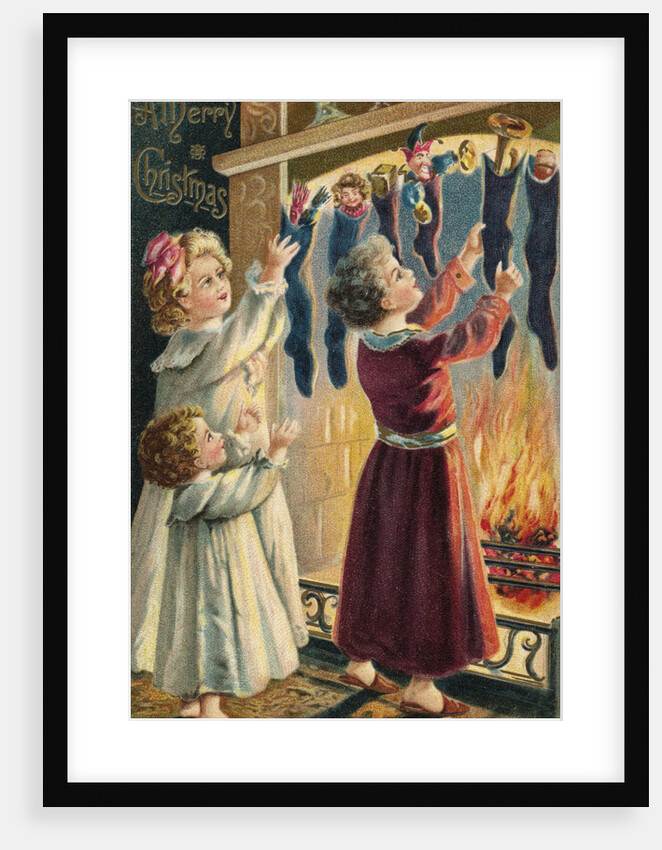 A Merry Christmas Postcard with Children and Christmas Stockings by Anonymous