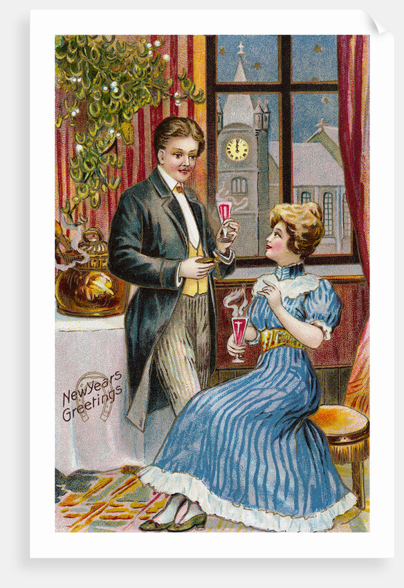 New Years Greetings Postcard with a Couple by Anonymous