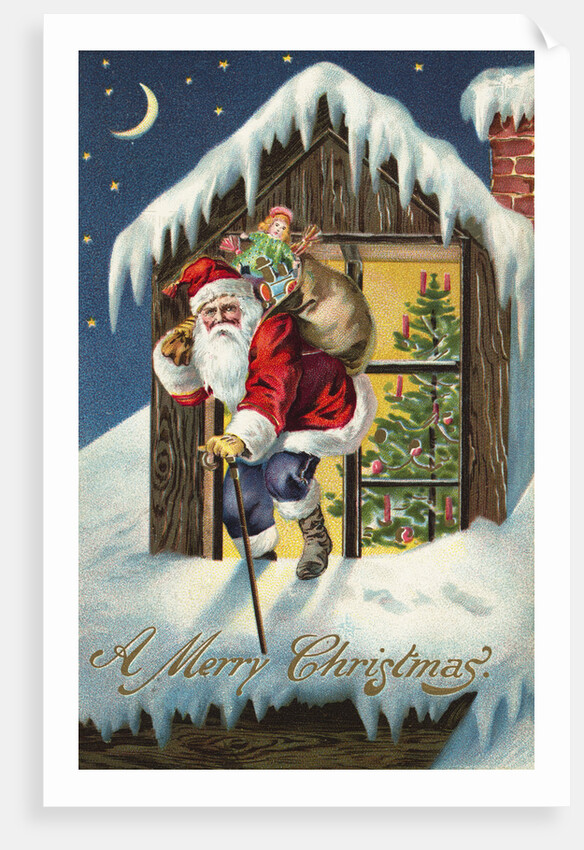 A Merry Christmas Postcard with Santa Claus on Roof by Anonymous