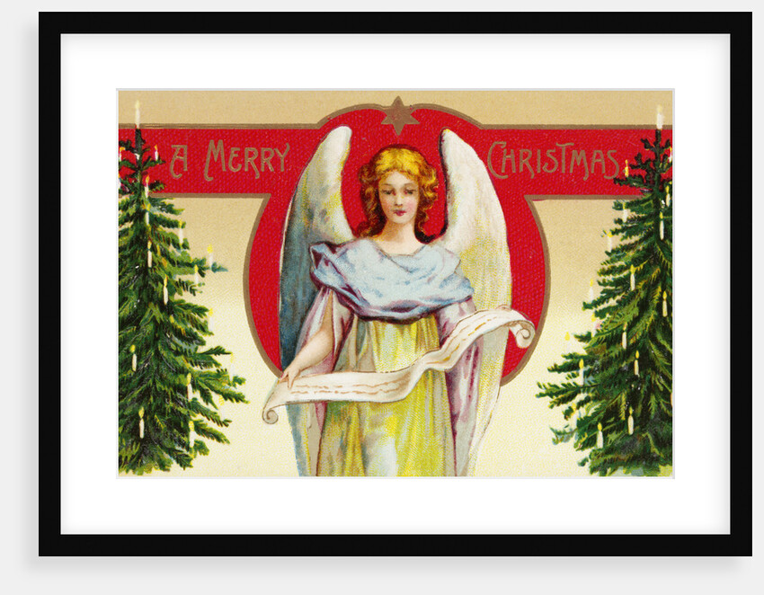 A Merry Christmas Postcard with Angel and Christmas Trees by Anonymous