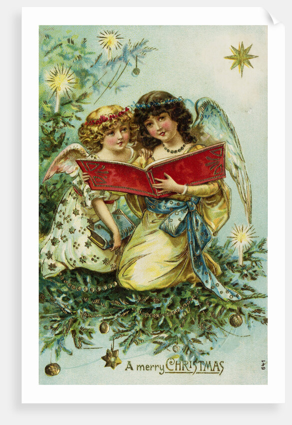 A Merry Christmas Postcard with Two Angels by Anonymous