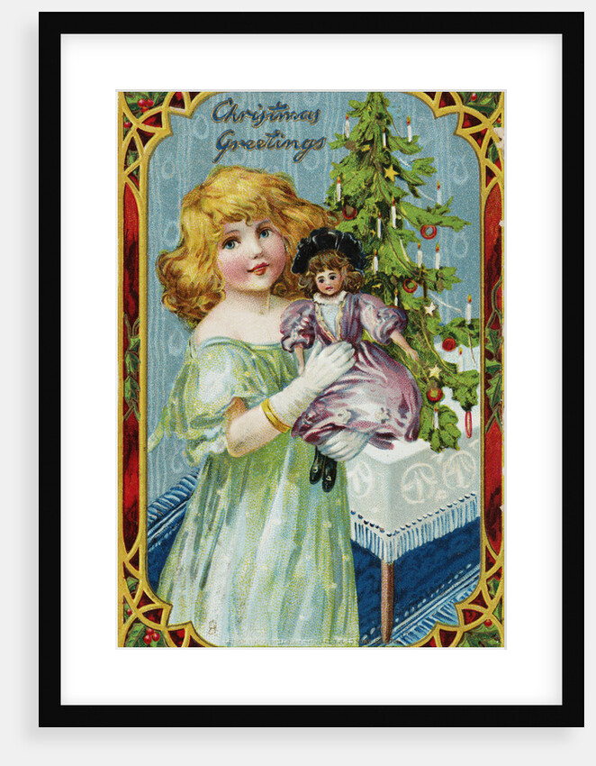 Christmas Greetings Postcard with a Girl and Doll by Anonymous