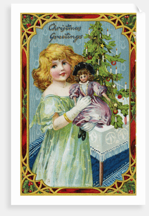 Christmas Greetings Postcard with a Girl and Doll by Anonymous