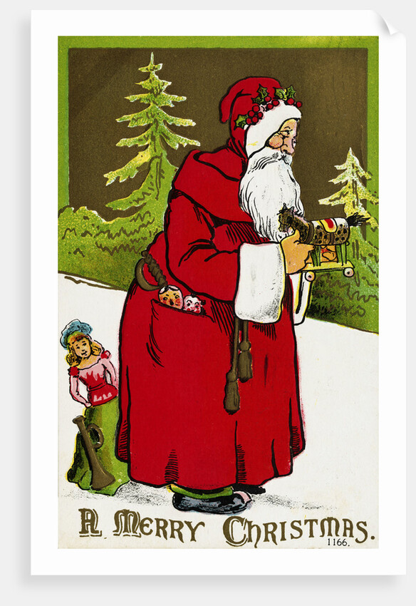 A Merry Christmas Postcard with Santa Claus Holding a Toy by Anonymous