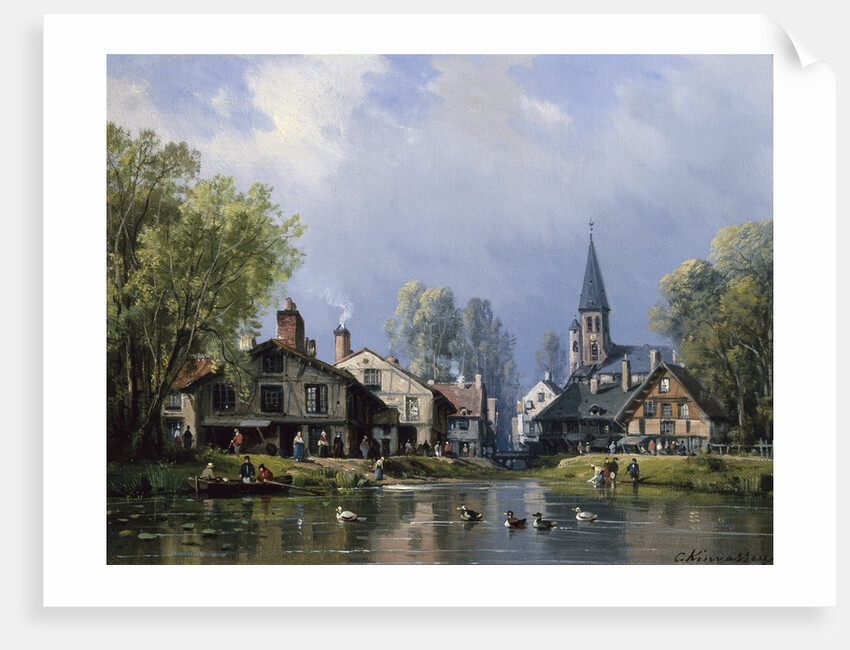 A Busy Riverside Village by Charles Euphrasie Kuwasseg