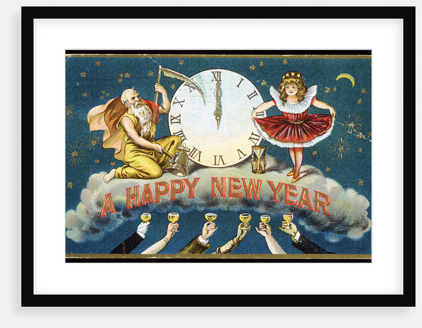 A Happy New Year Postcard with Father Time and a Young Girl by Anonymous