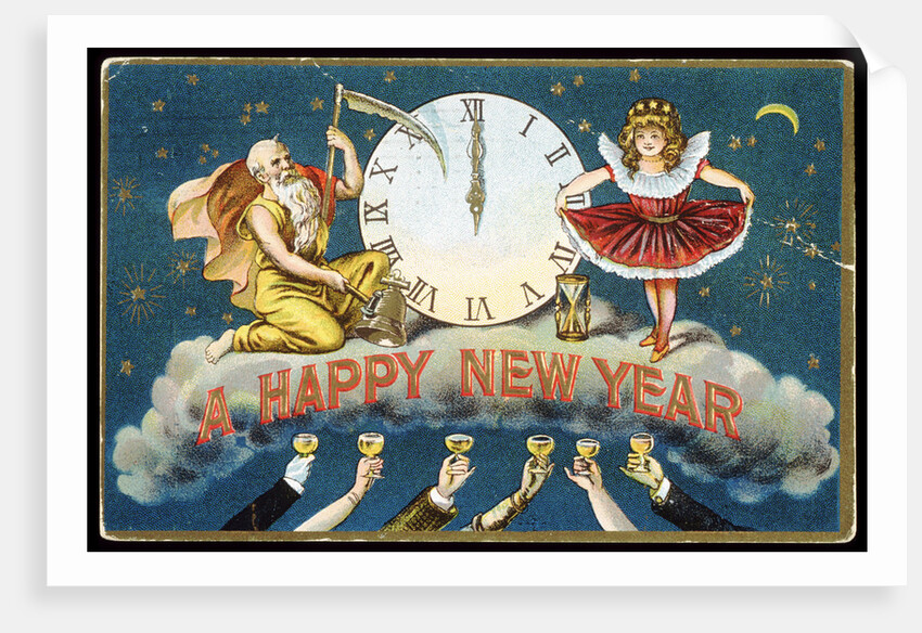 A Happy New Year Postcard with Father Time and a Young Girl by Anonymous