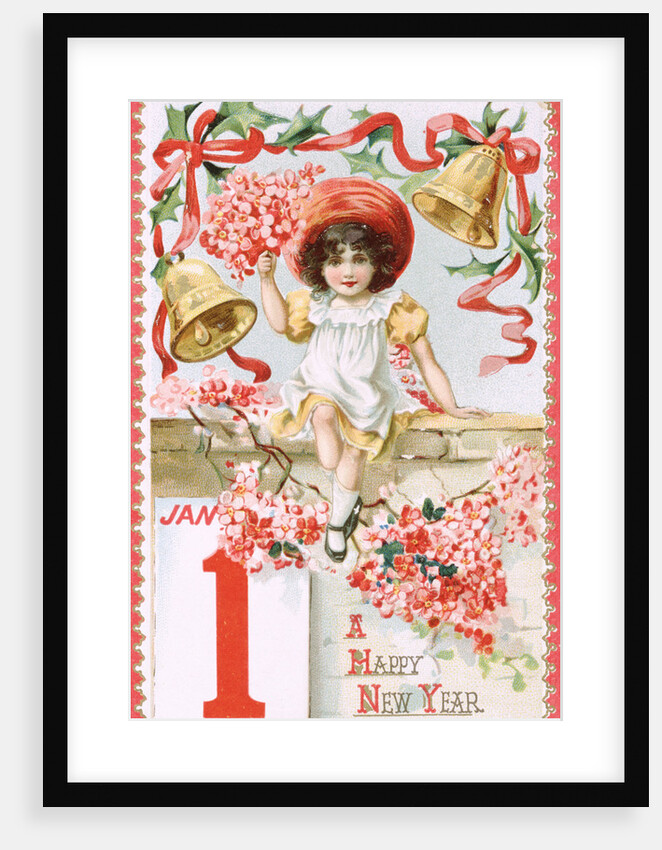 A Happy New Year Postcard with a Little Girl and Bells by Anonymous