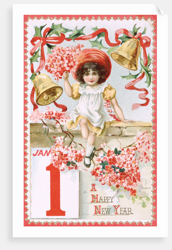 A Happy New Year Postcard with a Little Girl and Bells by Anonymous