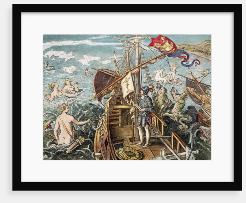 Engraving of Christopher Columbus Standing on His Ship by Anonymous
