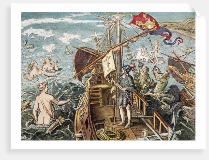 Engraving of Christopher Columbus Standing on His Ship by Anonymous