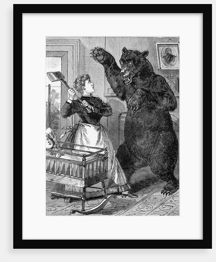 Woman With Axe Fights Bear; Woodcut by Anonymous