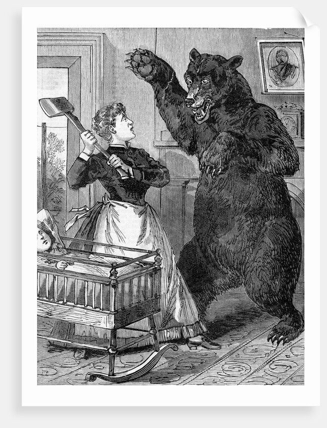 Woman With Axe Fights Bear; Woodcut by Anonymous