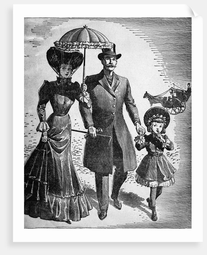 Woodcut; Fashionable Family On A Walk by Anonymous
