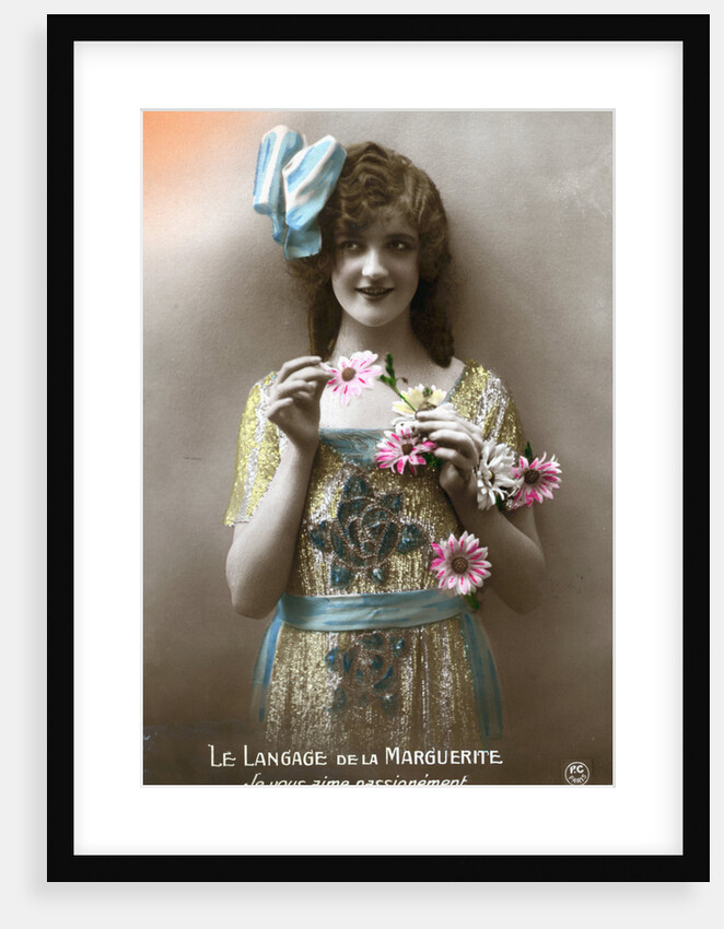 French Postcard of Woman Holding Flowers by Anonymous