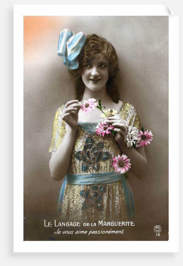 French Postcard of Woman Holding Flowers by Anonymous