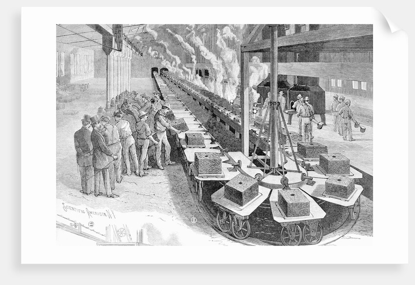 Engraving of Early Westinghouse Assembly Line by Anonymous