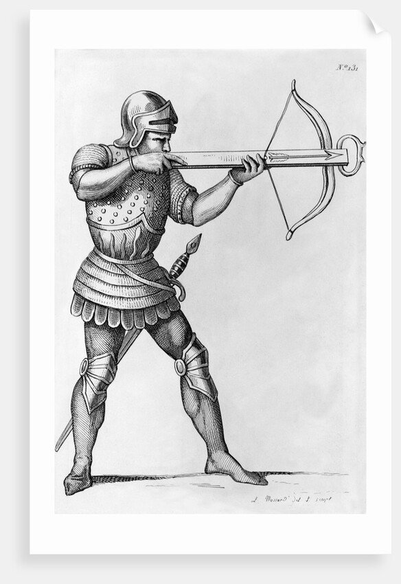 Engraving of a Knight Aiming a Crossbow by L. Massard