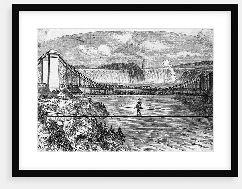 Woodcut Illustration of Charles Blondin Crossing Niagara River on Tightrope by Anonymous