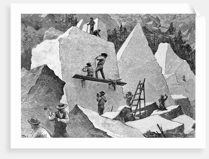 Illustration of Men Quarrying in Canyon by Anonymous