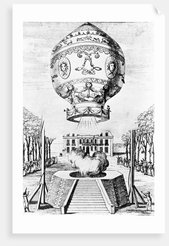 Engraving of the First Flight of Humans in a Hot Air Balloon by Anonymous