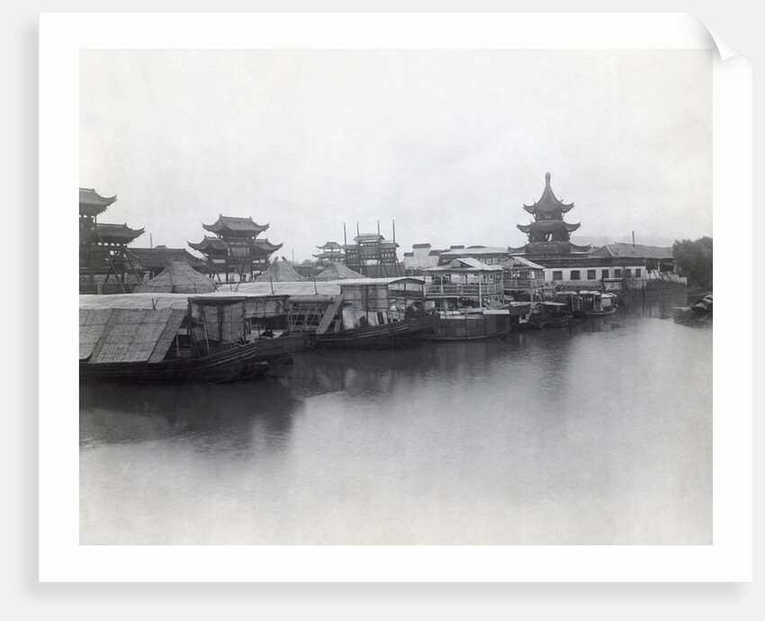 Boats On Canal W/Pagoda In Background by Anonymous