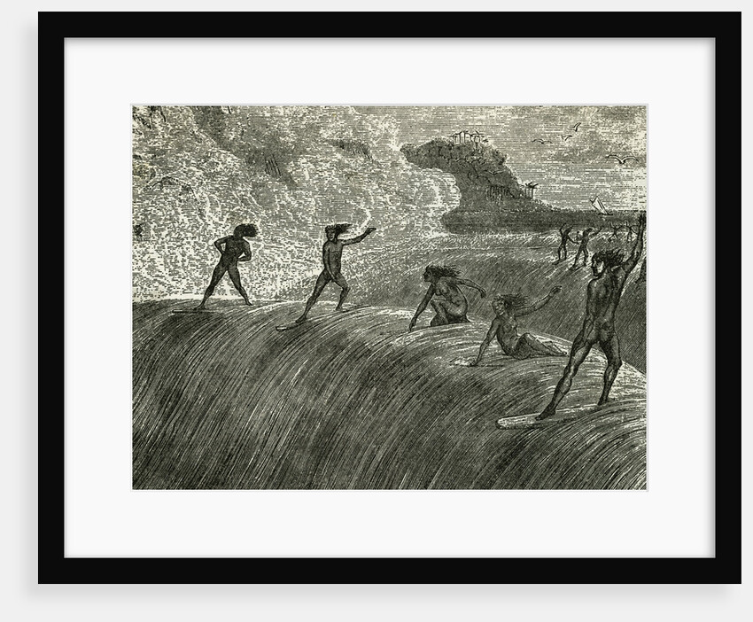 Illustration of Hawaiian Natives Surfing On High Wave by Anonymous