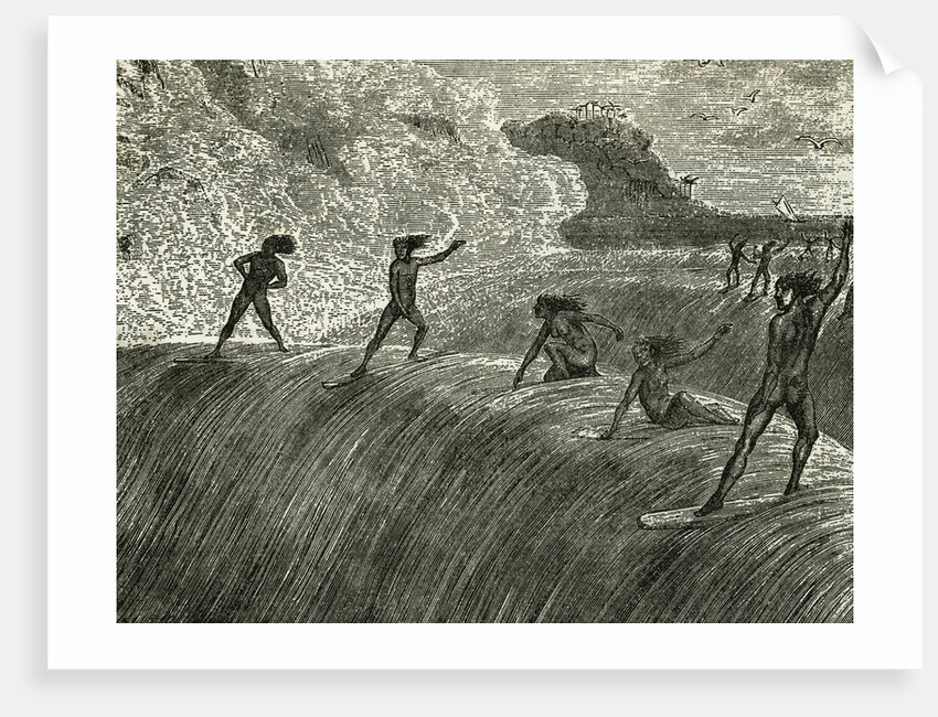 Illustration of Hawaiian Natives Surfing On High Wave by Anonymous