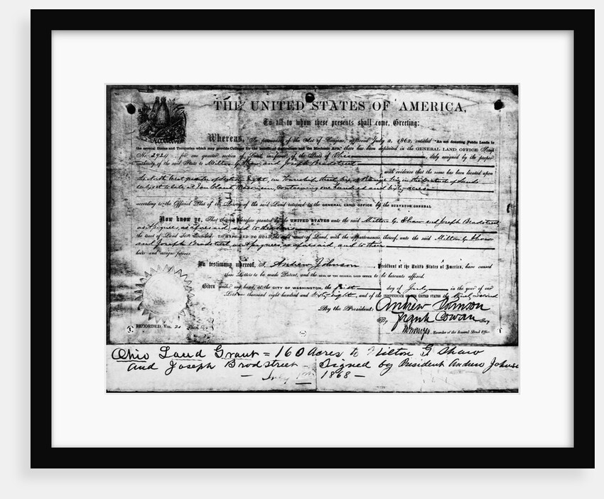 Ohio Land Grant Certificate 1868 Documen by Anonymous