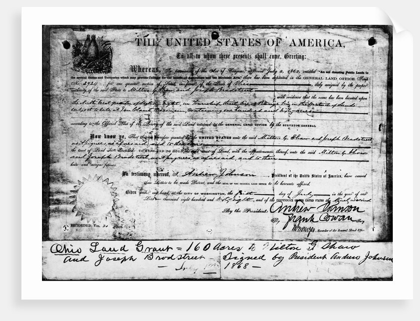 Ohio Land Grant Certificate 1868 Documen by Anonymous