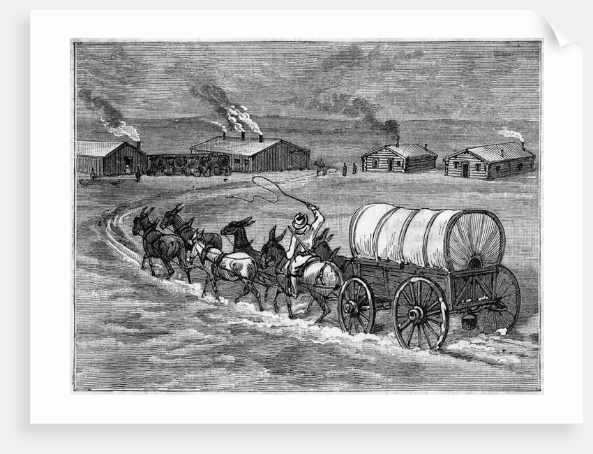 Covered Wagon Approaching Log Cabins by Anonymous