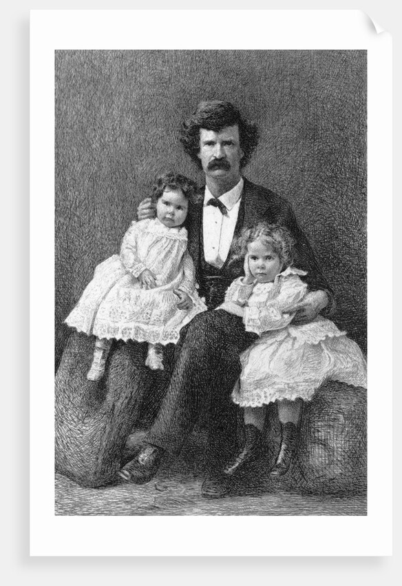 Samuel Clemens Holding Daughters/Etching by Anonymous