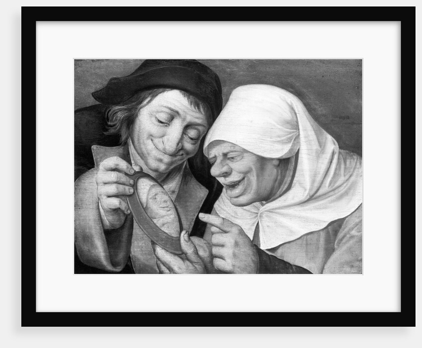 Painting of a Peasant Couple Looking at a Mirror by Jan Massys