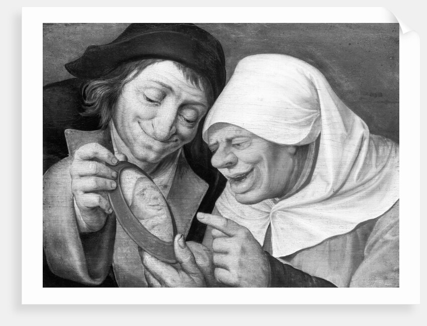 Painting of a Peasant Couple Looking at a Mirror by Jan Massys