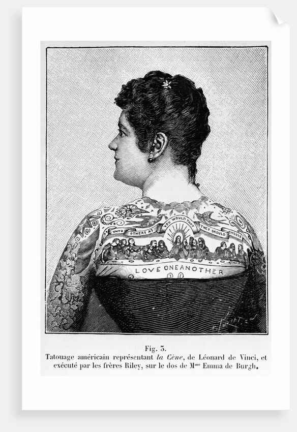 Woman W/Elaborate Tattoos - Woodcut by Anonymous